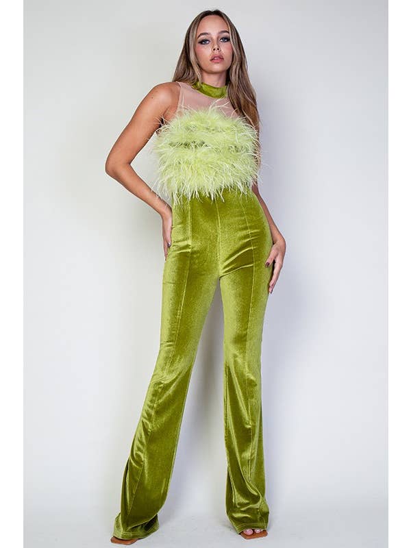 Chartreuse Ostrich Fur And Mesh Contrast Velvet Jumpsuit for wholesale on Faire3
