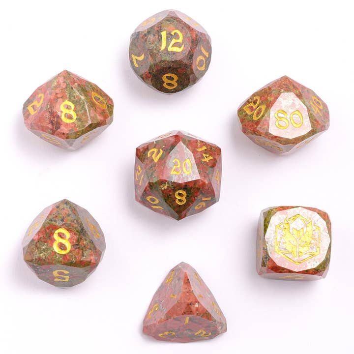 Dragon’s Hoard Luster Cut Dice Set - Unakite for wholesale by Hymgho Premium Dice