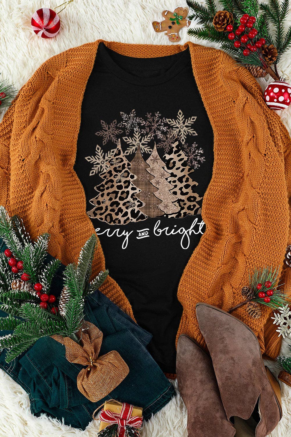 Suhkasana - Wholesale Screen Printed T-Shirt - Women's - Leopard Print Christmas Tree Graphic Holiday T Shirt6