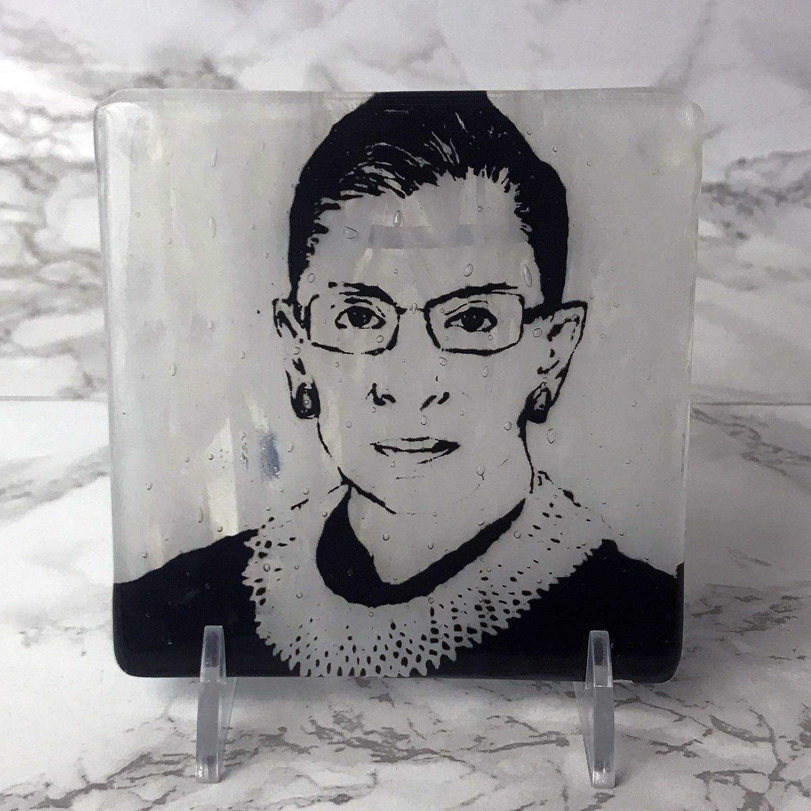 Kiku Handmade | Contemporary Fused Glass Home Goods - Wholesale Coasters - Supreme Court Justice Ruth Bader Ginsburg Fused Glass 4" Single Coaster2