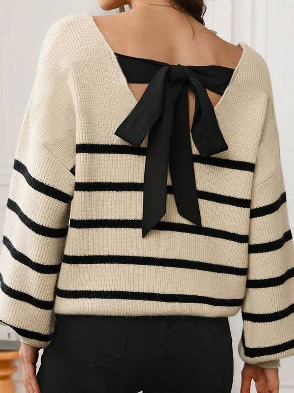 V-Neck Backless Tie Back Striped Knit Sweater for wholesale by Rosa Clothing