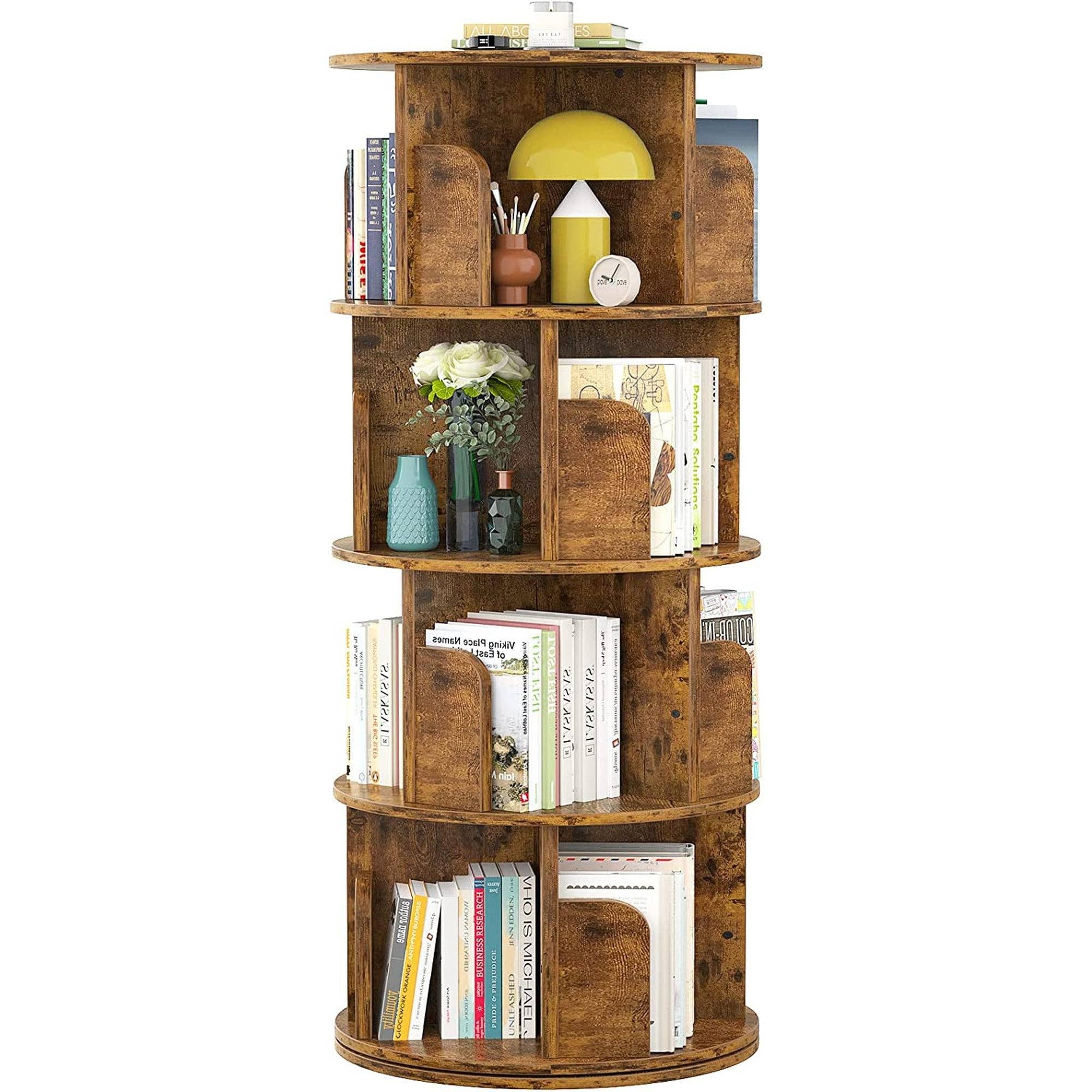 Rustic Brown Rotating Corner Bookshelf 360 Degree 4 Tier Space Saving for wholesale on Faire1