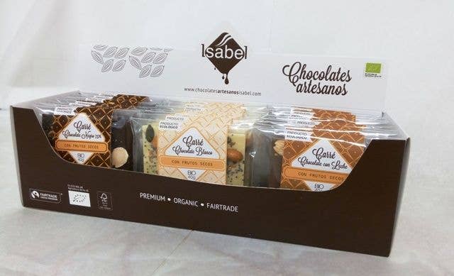 CHOCOLATES ARTESANOS ISABEL – Großhandel Schokolade – CARRÉ BIO – Sorten mit Nüssen, 40 g, 30 Stück0