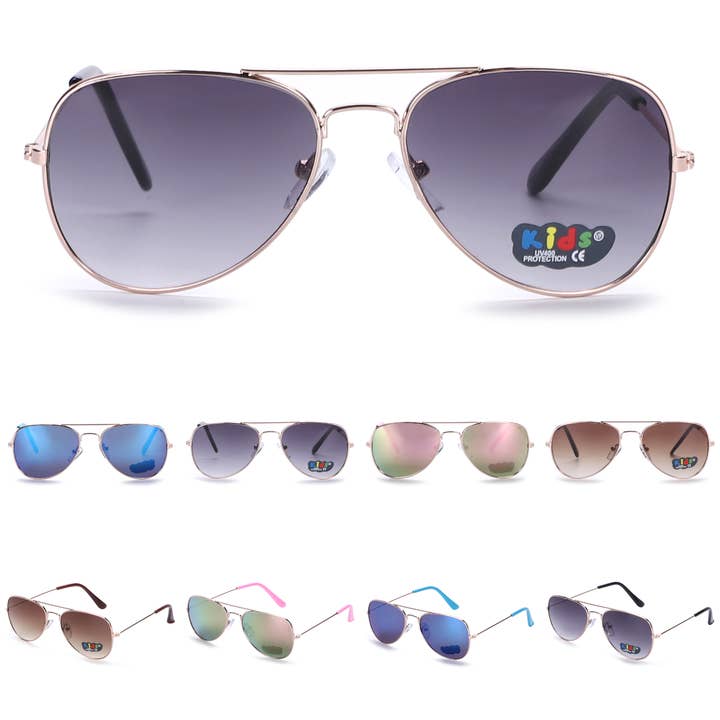Kids Pilot Style Aviator Sunglasses: Sleek Metal Frames in Multiple Colors K10317 for wholesale by Hot Sunglasses Wholesale