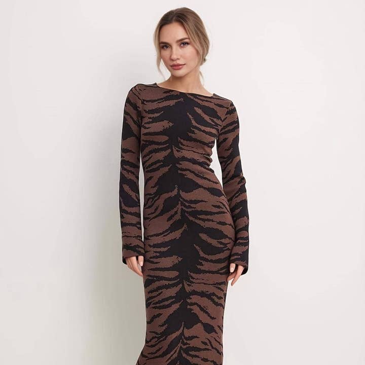Leopard Round Neck Long Sleeve Bodycon Maxi Dress for wholesale by BELLISSIMA FASHION
