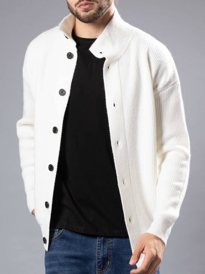 255103 - White Ribbed Funnel Neck Button-Up Sweater for wholesale by Bespoke Moda