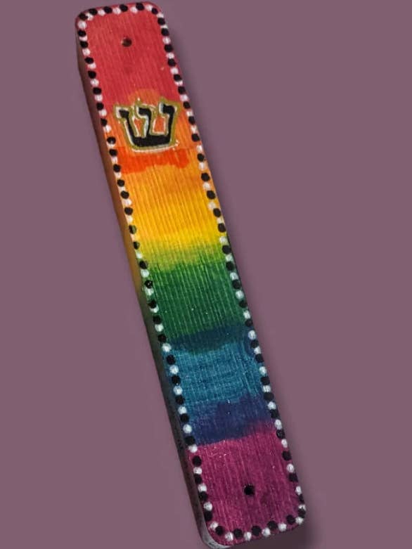 Rainbow Handpainted Mezuzah Case for wholesale by Eclectic Judaica