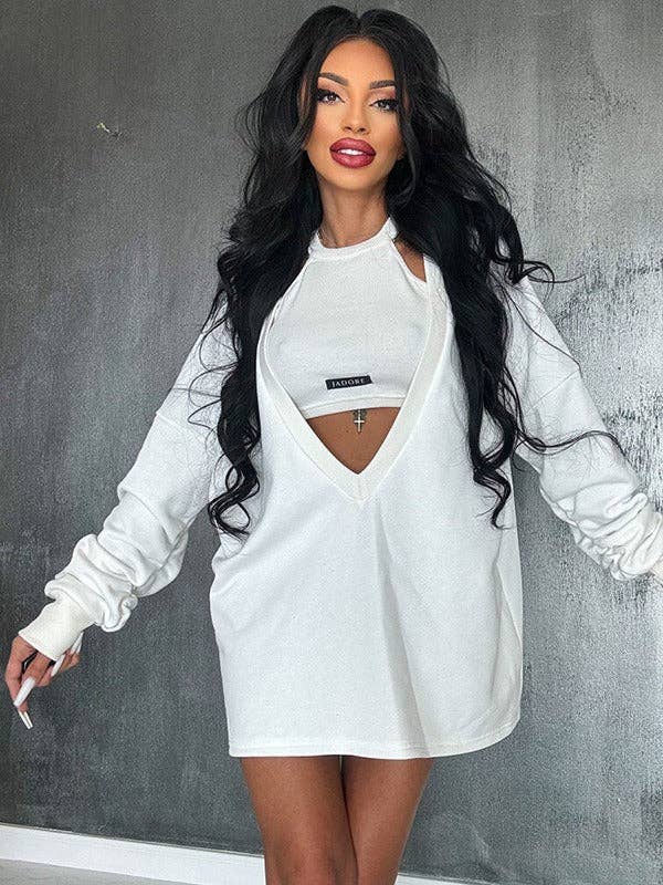 KAKI Completo due pezzi: mini abito e top smanicato a girocollo in tinta unita, vestibilità ampia in vendita all'ingrosso su Faire6