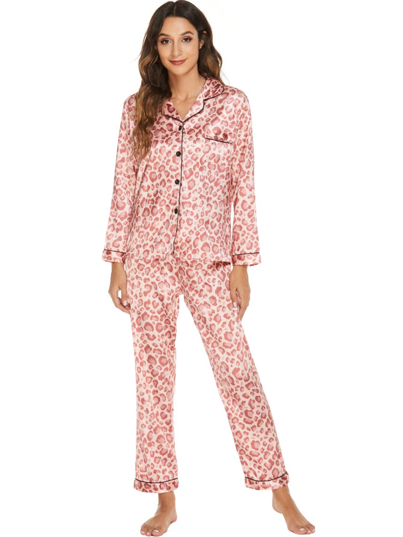 pinkblu02 - Wholesale Pyjamaset - Dames - Dames Casual Satijnen Pyjamaset met Lange Mouwen en Revers2