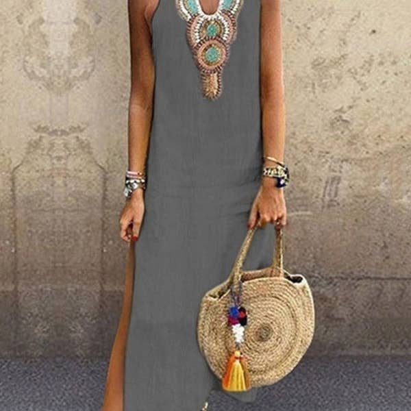 Loose Sleeveless Embroidered Split-Side V-Neck Maxi Dresses for wholesale by Sheer Trend