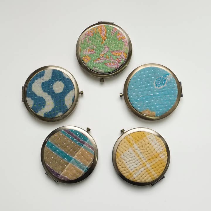 Fabric Covered Bronze Round Pocket Compact Mirror for wholesale by OTTO FINN