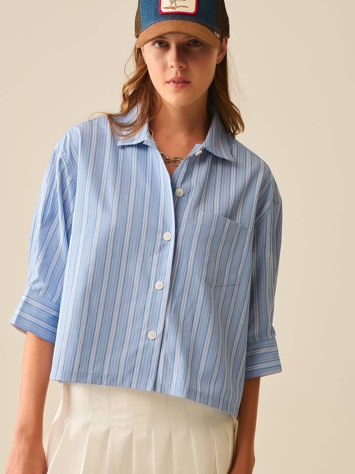 Relaxed fit Cropped Striped Shirt in Blue for wholesale on Faire