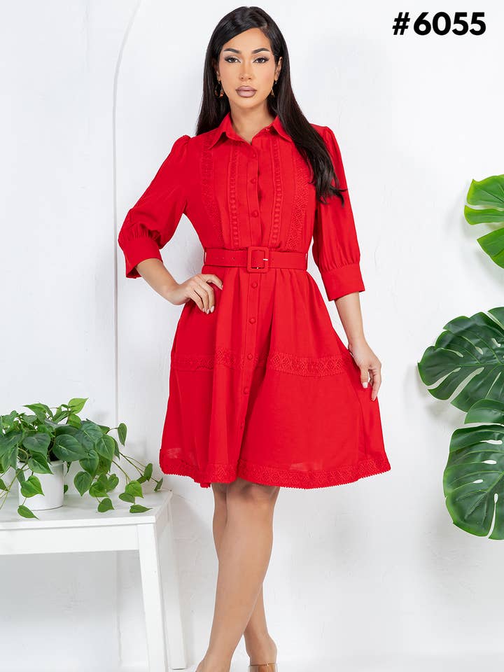 Kvinnors enfärgade virkad klänning med bälte för wholesale av Fashion Space