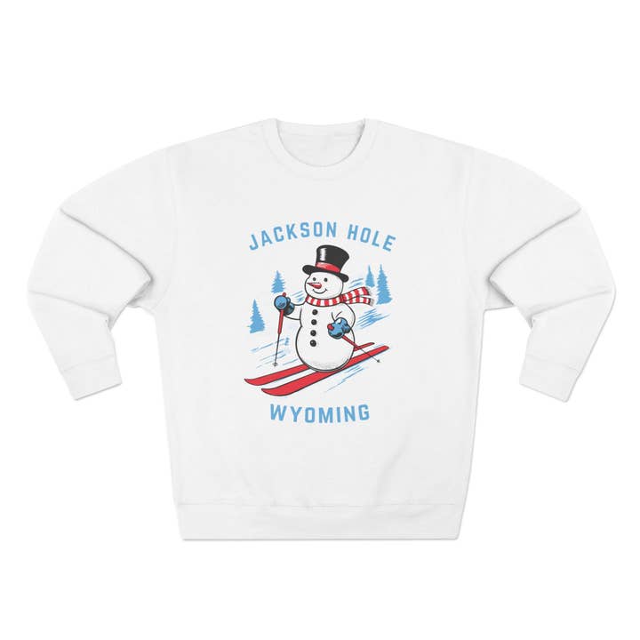 Premium Jackson Hole, Wyoming Skiing Snowman Sweatshirt for wholesale by Hey Mountains