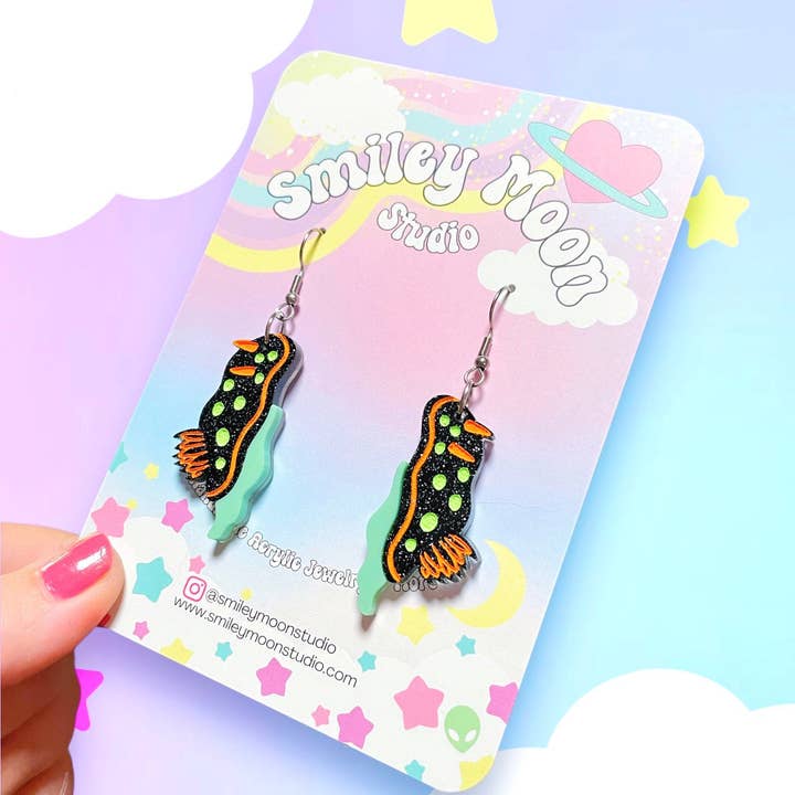Smiley Moon Studio - Wholesale Dangle Earrings - Sea Slug Nudibranch Earrings (Black/Neon)