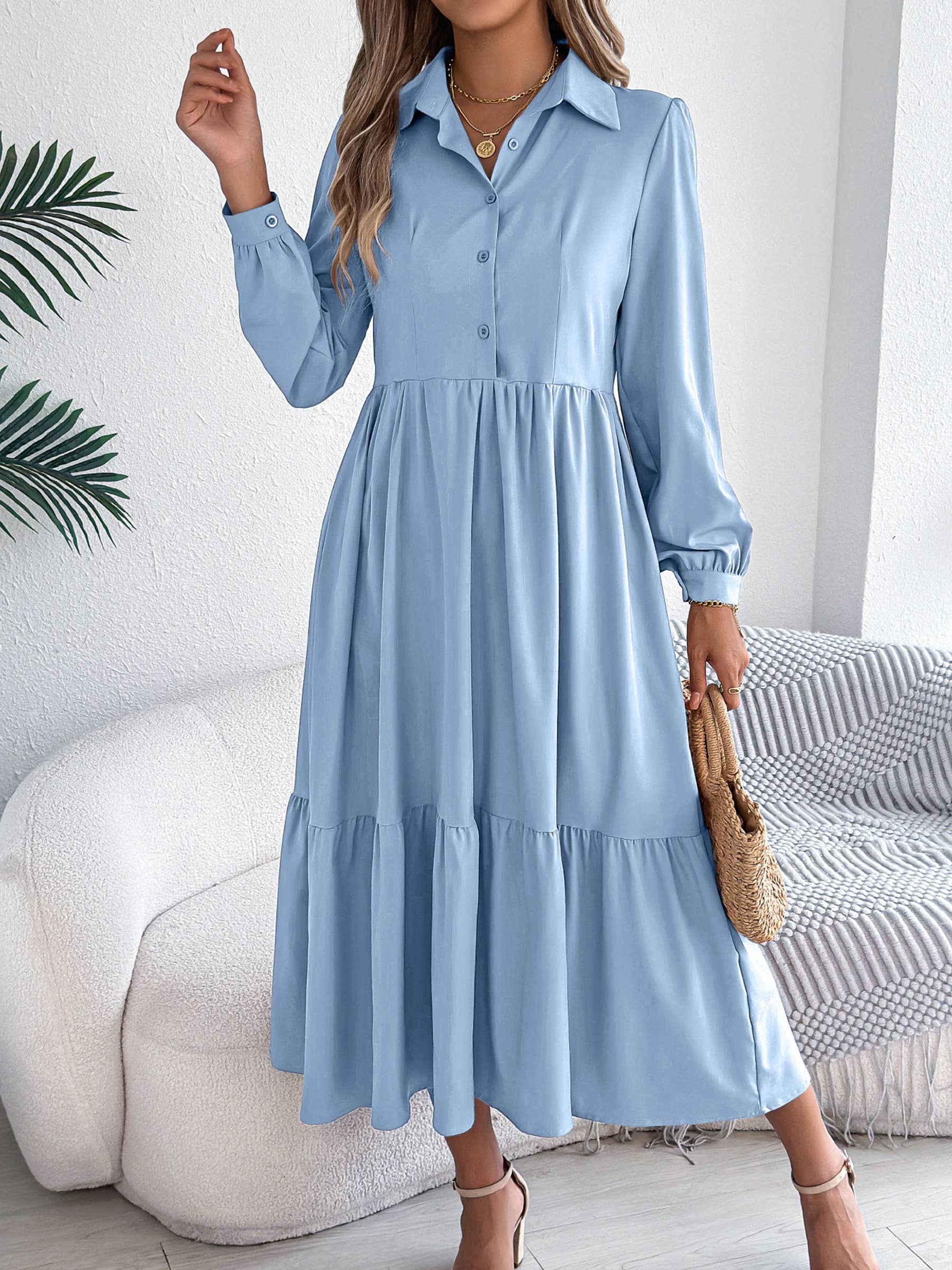 Wholesalesir - Wholesale Dress - Women's - Flip Collar Casual Loose Long Sleeved Dress1