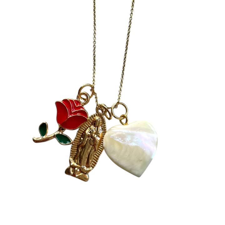 Holy Guadalupe Rose and heart necklace for wholesale by Holy Recycle