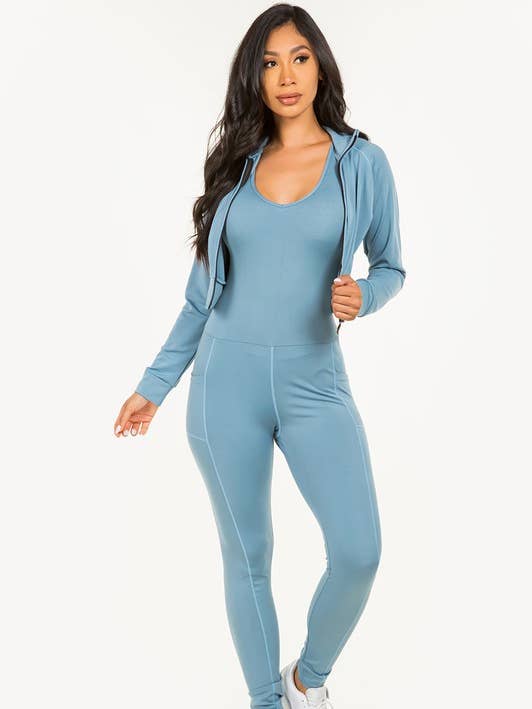 TWO Piece Jumpsuit And Zip Up Cropped Jacket Set for wholesale by Newself Collection