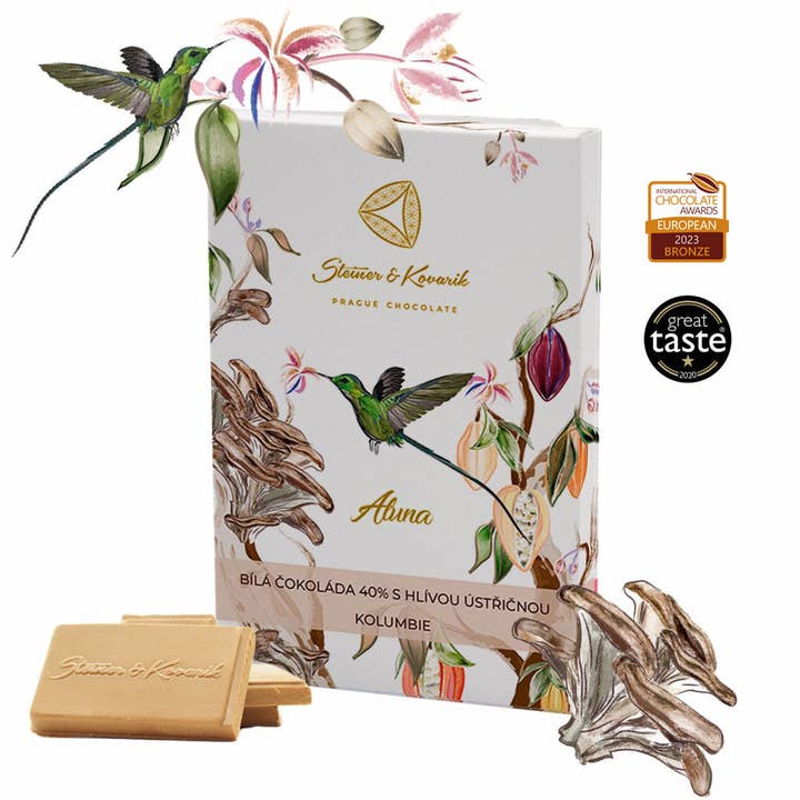 Aluna - White Chocolate 40% with Oyster Mushrooms, 70g for wholesale by Prague Chocolate