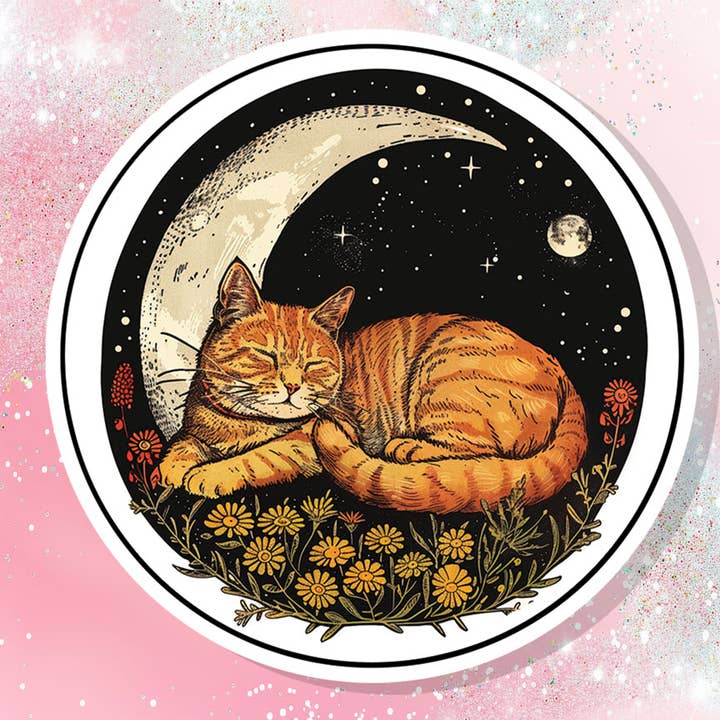 Orange Cat Sleeping on Moon Vinyl Sticker Flowers for wholesale by Bella Custom Printing