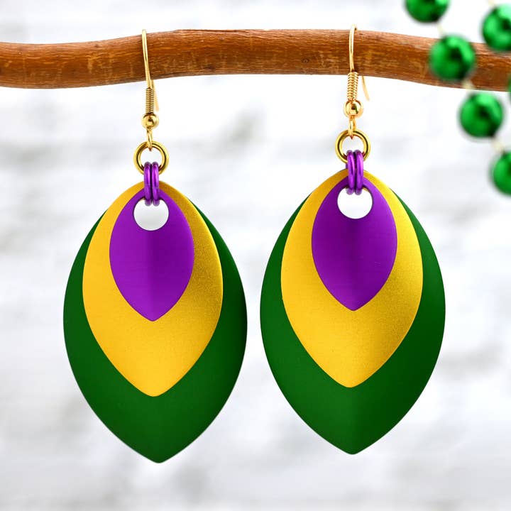 Stacked Leaf Mardi Gras Earrings for wholesale by Rebeca Mojica Jewelry