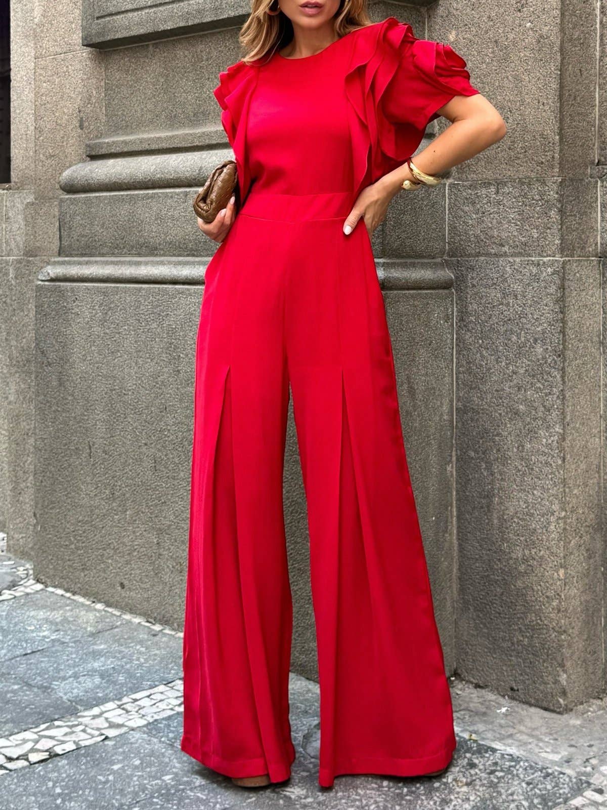 RED comfortable with ruffles wide-leg romper for wholesale on Faire