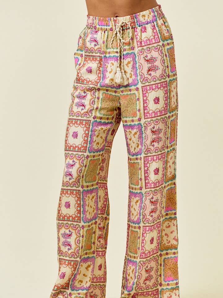 PAISLEY SCARF ELASTIC PANTS WITH BEADED TIE TRIM - 8844P for wholesale by Doe and Rae
