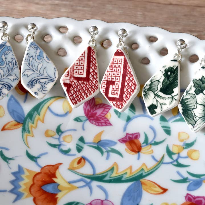 Broken Plate Dangle Earring - Diamond Drop for wholesale by The Broken Plate Pendant Co