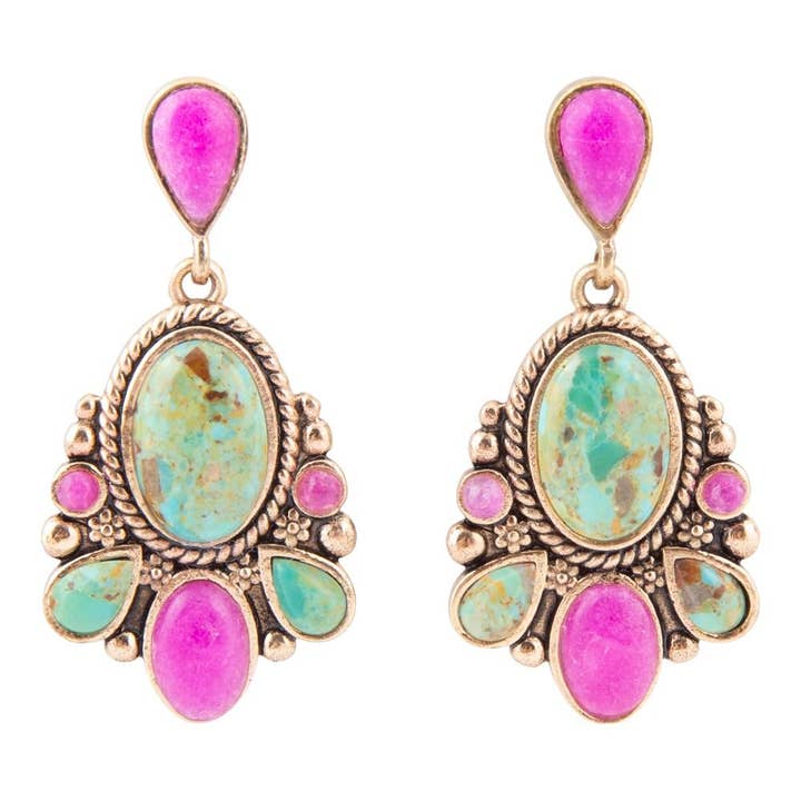 Barcelona Blue Turquoise and Pink Agate Golden Drop Earrings for wholesale by Barse Jewelry