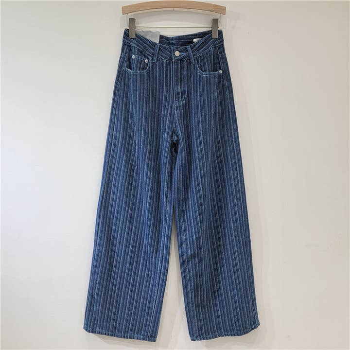 SALINA TRADING INC - Wholesale Jeans - Women's - Vintage-Inspired Wide Leg Denim Pants with Stripes - Casual Street Style