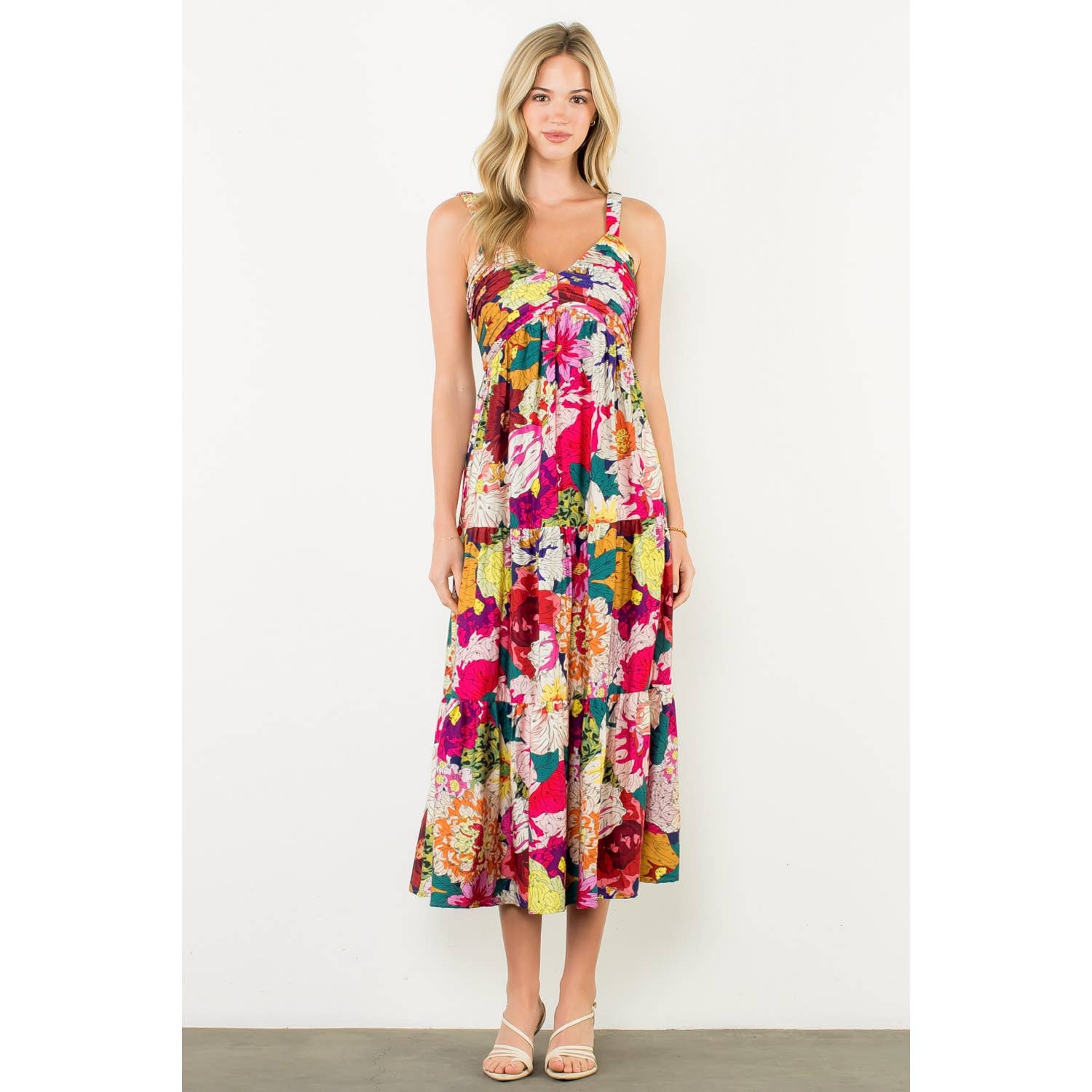 FUSCHIA Floral Strap Tiered Maxi Dress for wholesale on Faire0