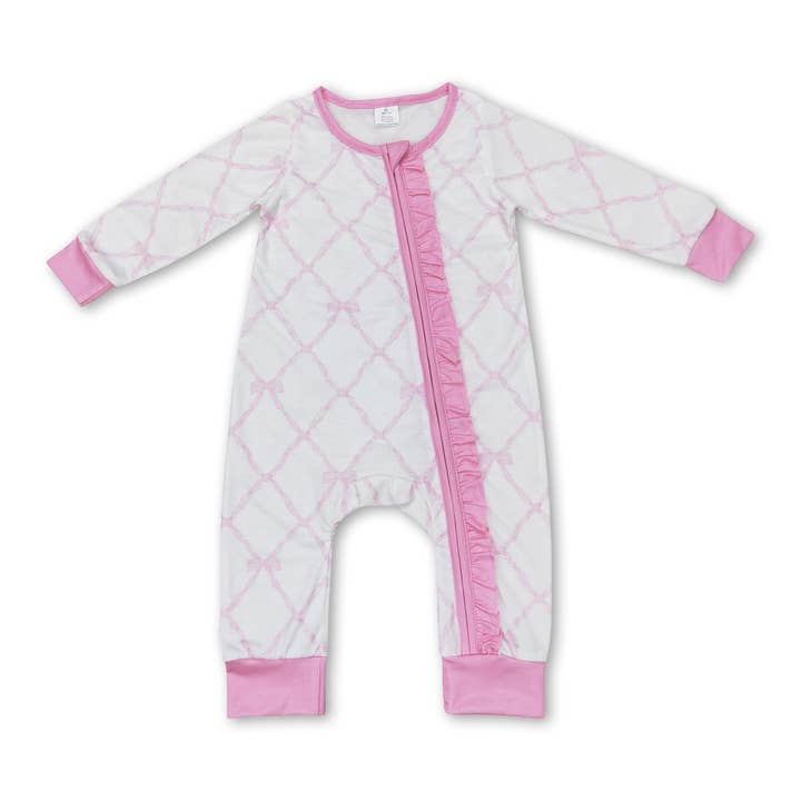 Yawoo Garments - Wholesale Jumpsuit - Baby - Long sleeves pink bow baby girls bamboo zipper romper