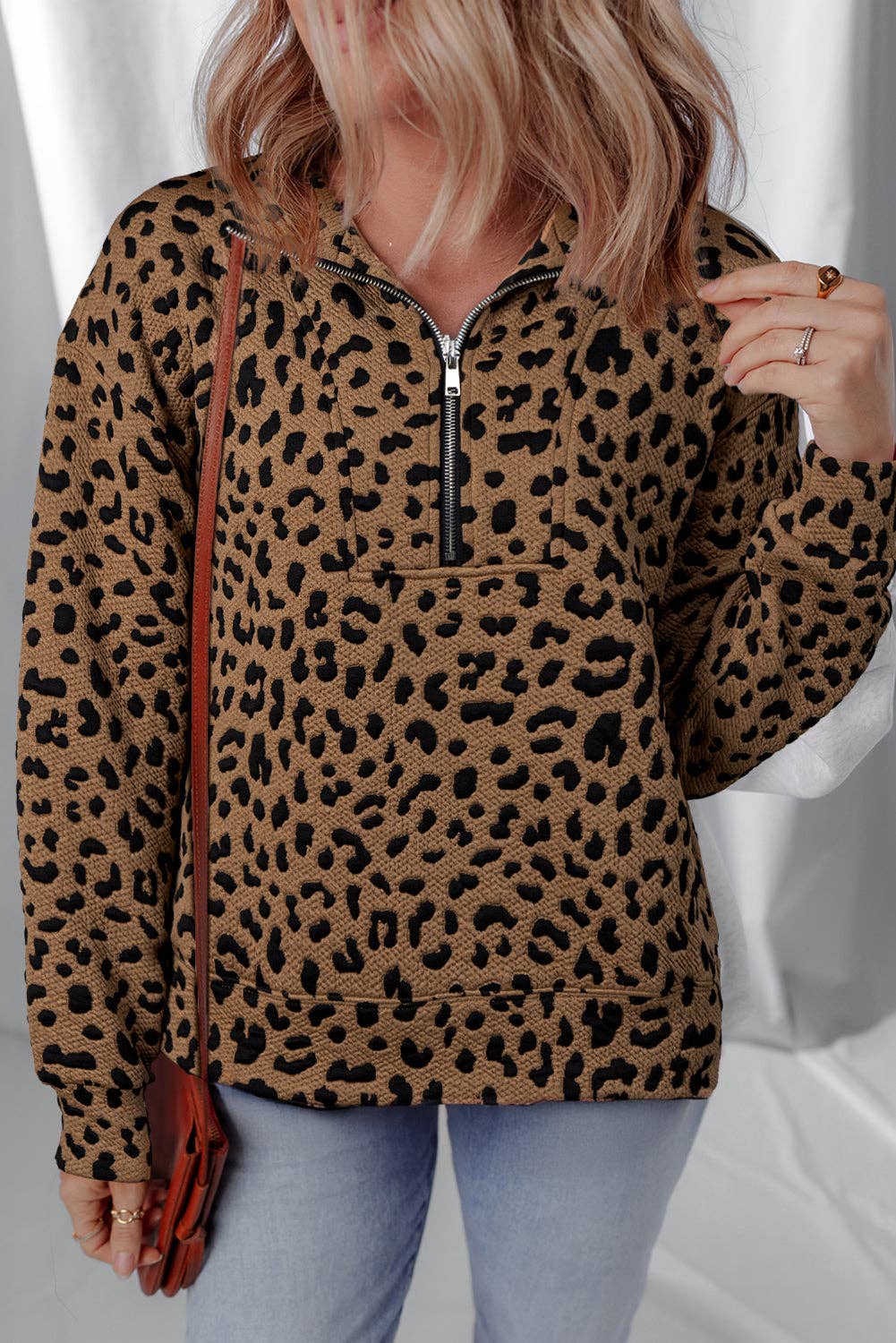 Brown Leopard Print Quarter Zip Sweatshirt for wholesale on Faire2