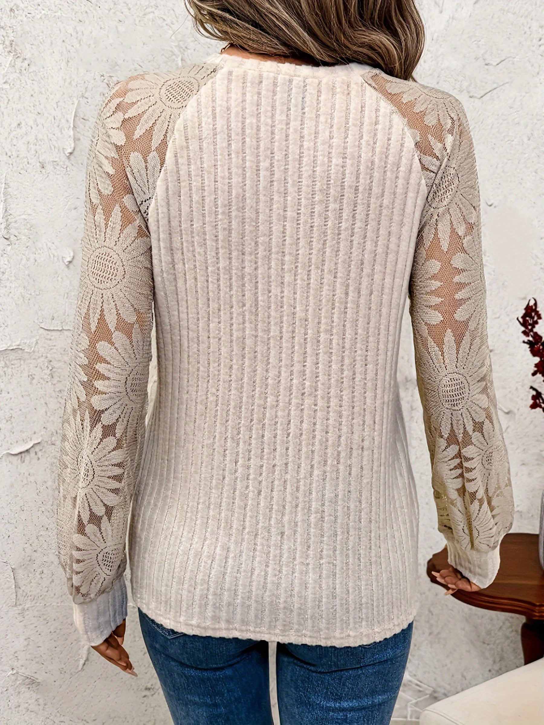 Beige Round Neck Lace Patchwork Long Sleeved Top for wholesale on Faire2