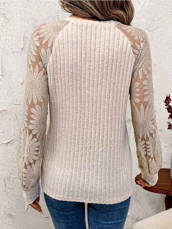 Beige Round Neck Lace Patchwork Long Sleeved Top for wholesale on Faire2