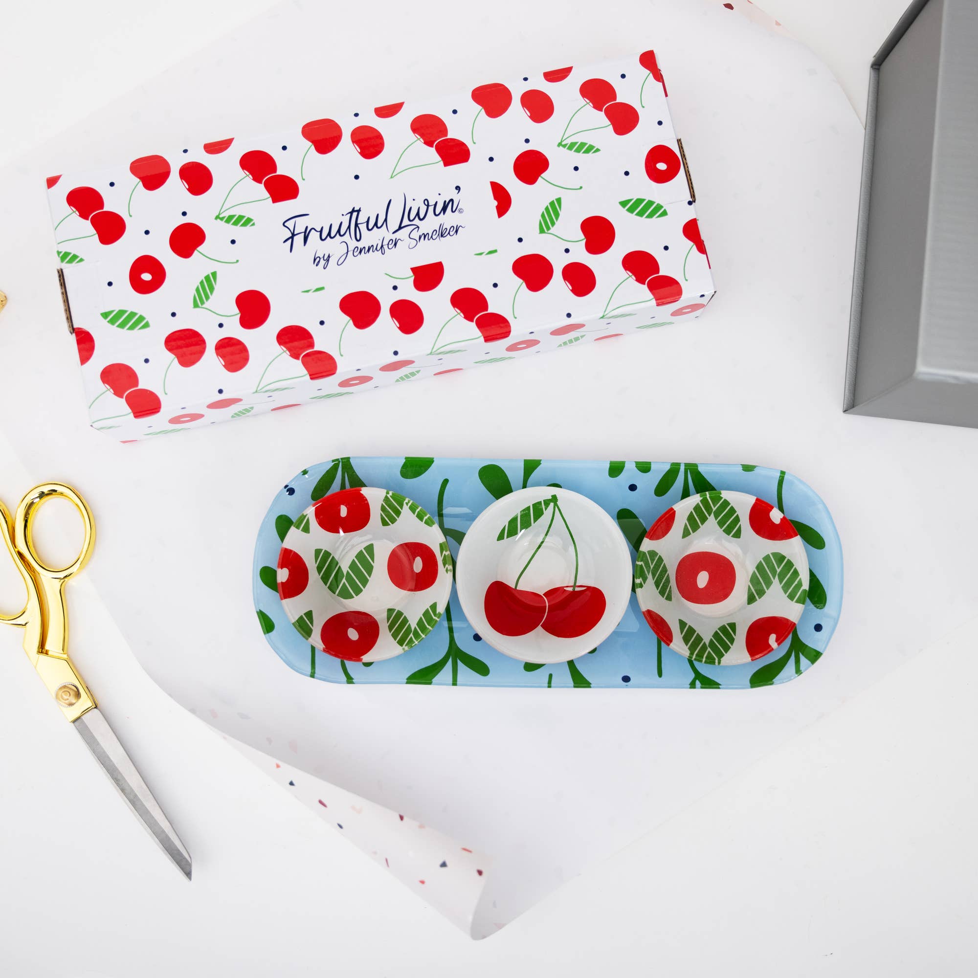 Pavilion - Vendita all'ingrosso Vassoi da portata - Cherries - Vassoio da portata in vetro da 11" con 3 ciotole2