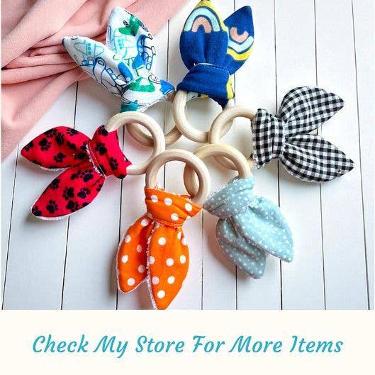 Jolly Bundles - Vente Anneau de dentition sans clip – bébé - Anneau de dentition à imprimé vichy/Jouet cadeau en bois naturel pour bébé5