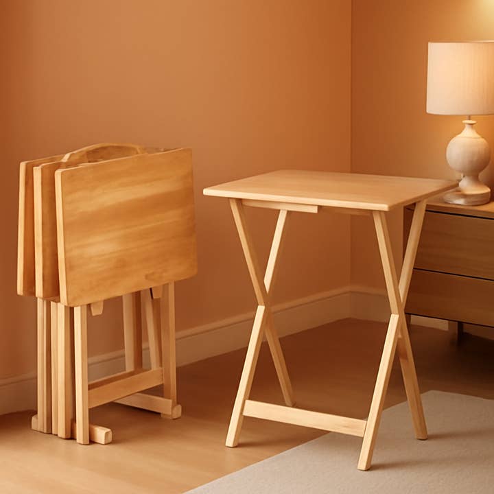 Natural Versatile Folding Tray Table Set with Storage Rack for wholesale on Faire