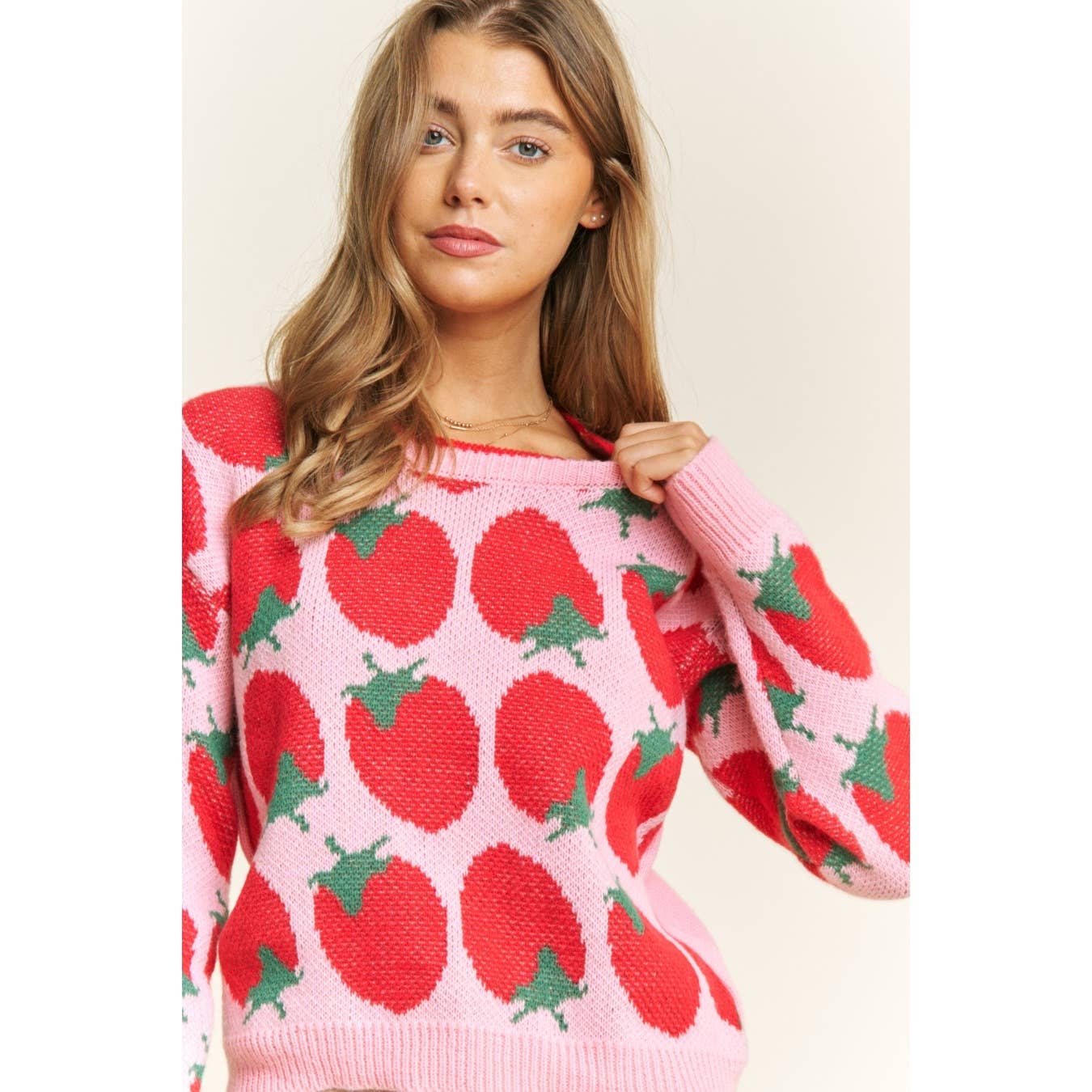 Pink Multi CUTE STRAWBERRY JACQUARD CASUAL PULLOVER SWEATER for wholesale on Faire2