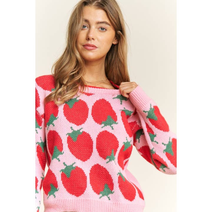 Pink Multi CUTE STRAWBERRY JACQUARD CASUAL PULLOVER SWEATER for wholesale on Faire2