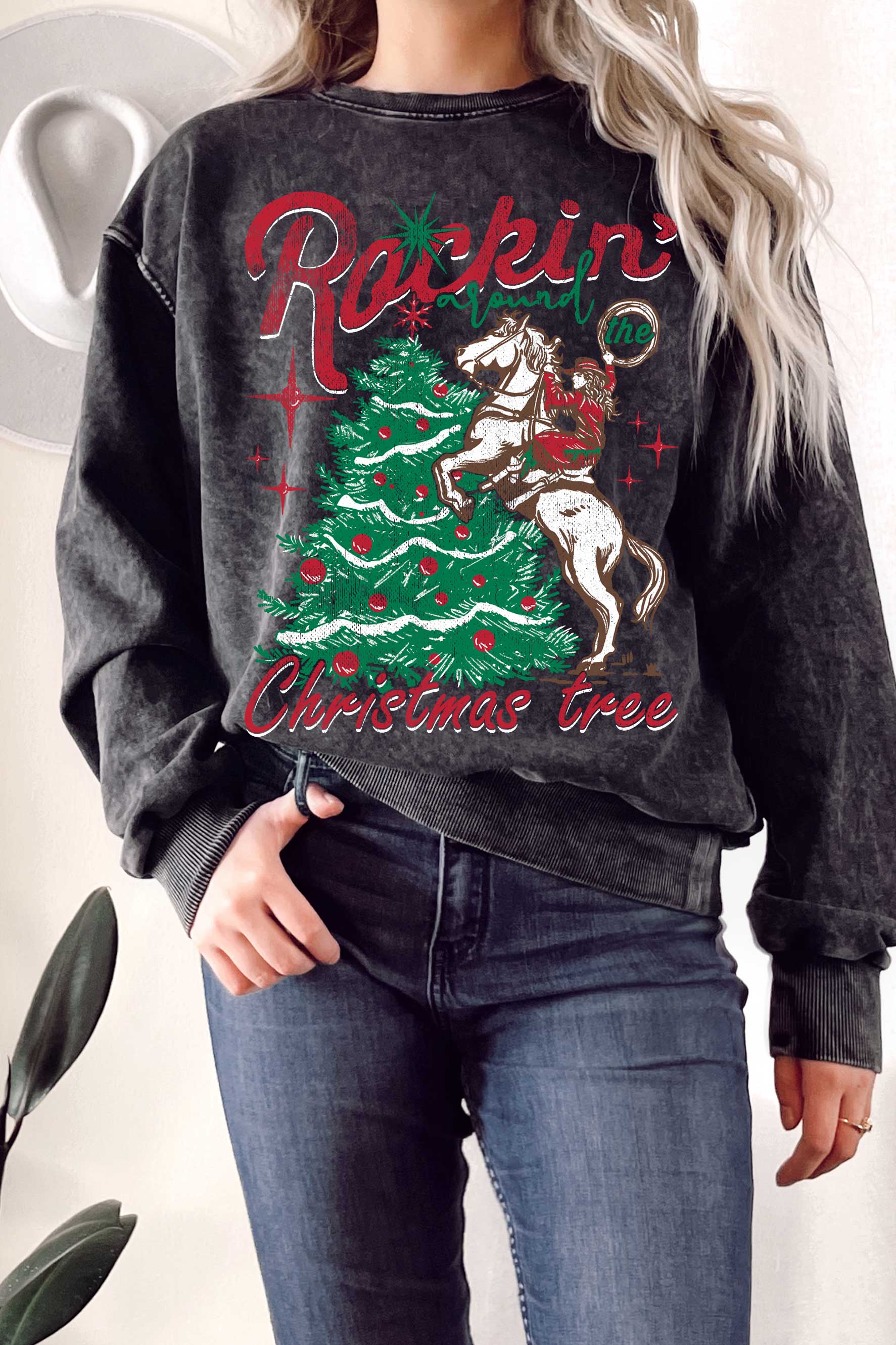 Rustee Clothing - Wholesale Graphic Sweatshirt - Women's - ROCKIN AROUND THE CHRISTMAS TREE MINERAL BRUSHED SWEATSHIRTS0