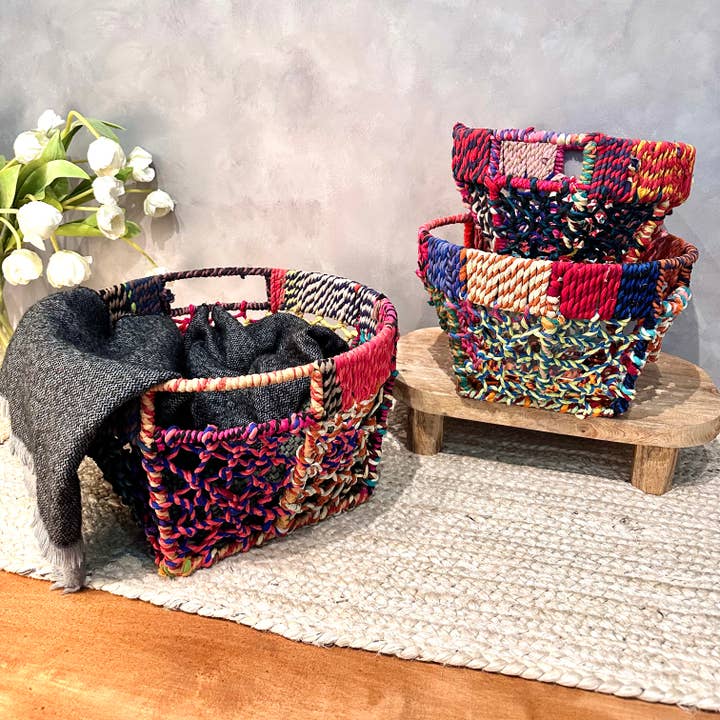 India Handicrafts Inc - Wholesale Basket - Colorful Jute Net Baskets, Set of 3