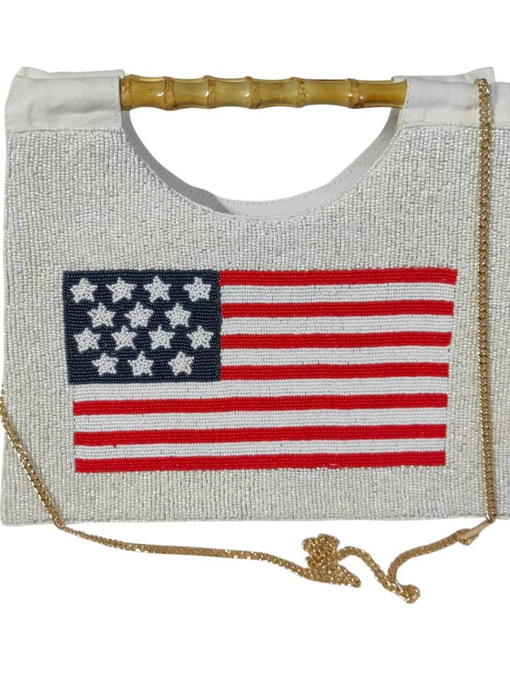 Narragansett White Beaded Patriotic American Flag Luxury Bag for wholesale by NAVY JANE