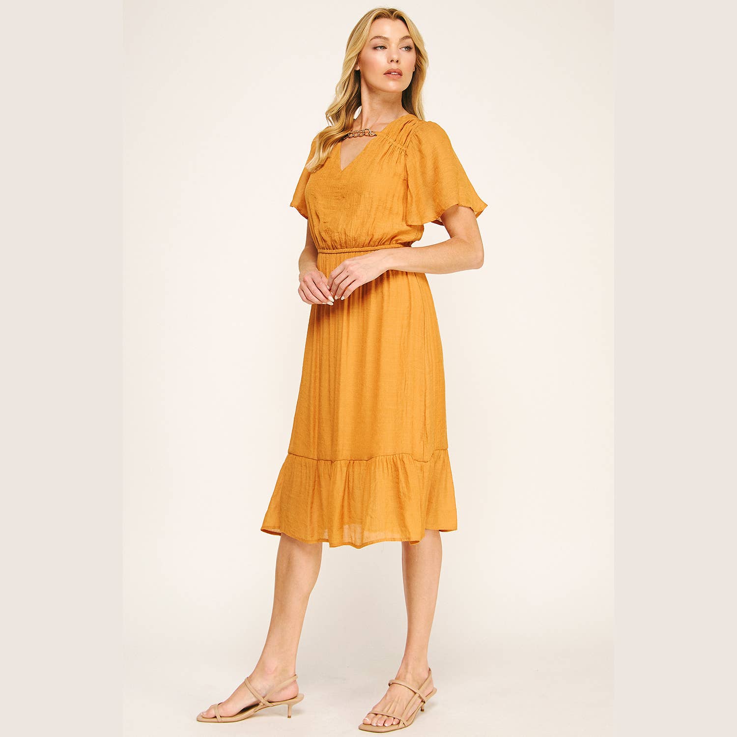 Winslow Collection - Wholesale Dress - Women's - FLUTTER SLEEVE NECKLACE DETAIL PRINTED MIDI DRESS15