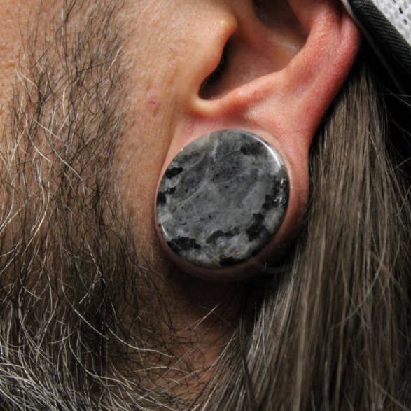 Black Labradorite Larvikite Stone Plugs Double Flare Pair - Moon Surface Gauge Black and Gray 3mm-25mm for wholesale by EC Plugs and Gems