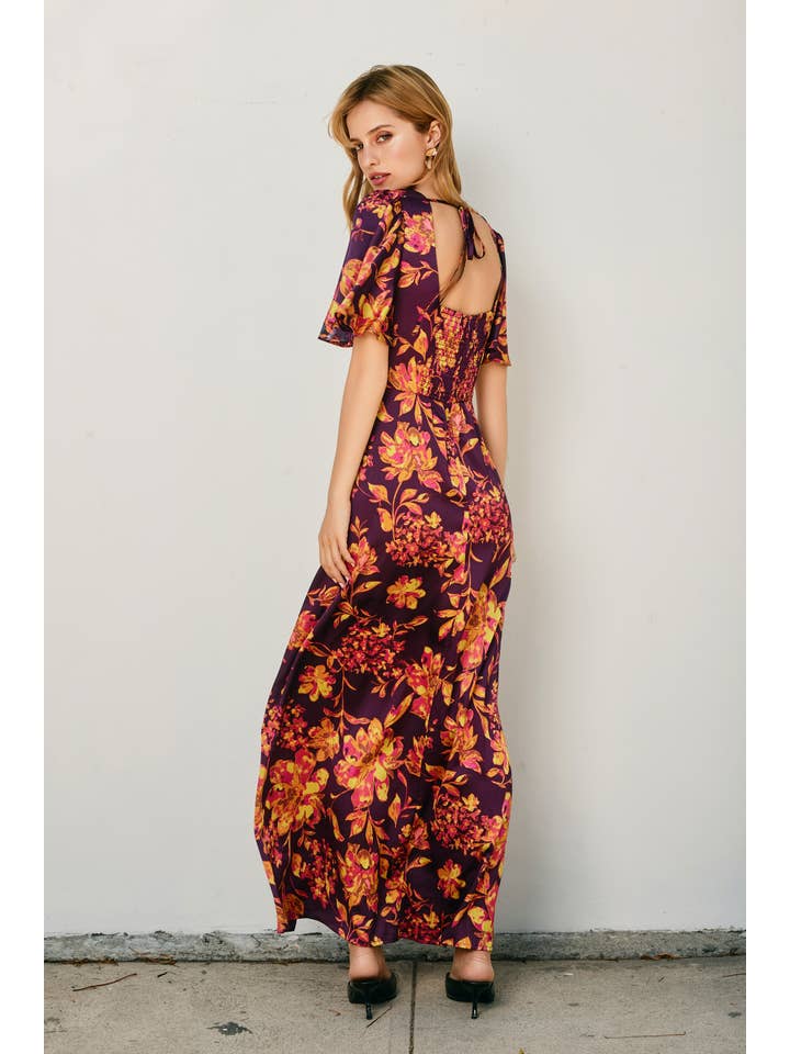 GOLDEN NIGHT Crimson Horizon Flutter Sleeve Plunging Maxi Dress (1) for wholesale on Faire2