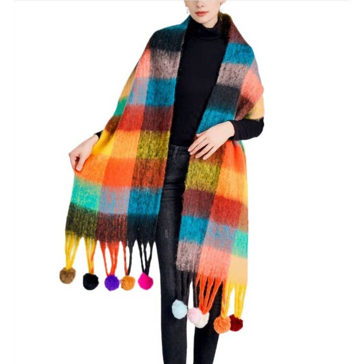JC Sunny Fashion - Vente Écharpe – femme - Écharpe colorée à carreaux avec pompons duveteux10