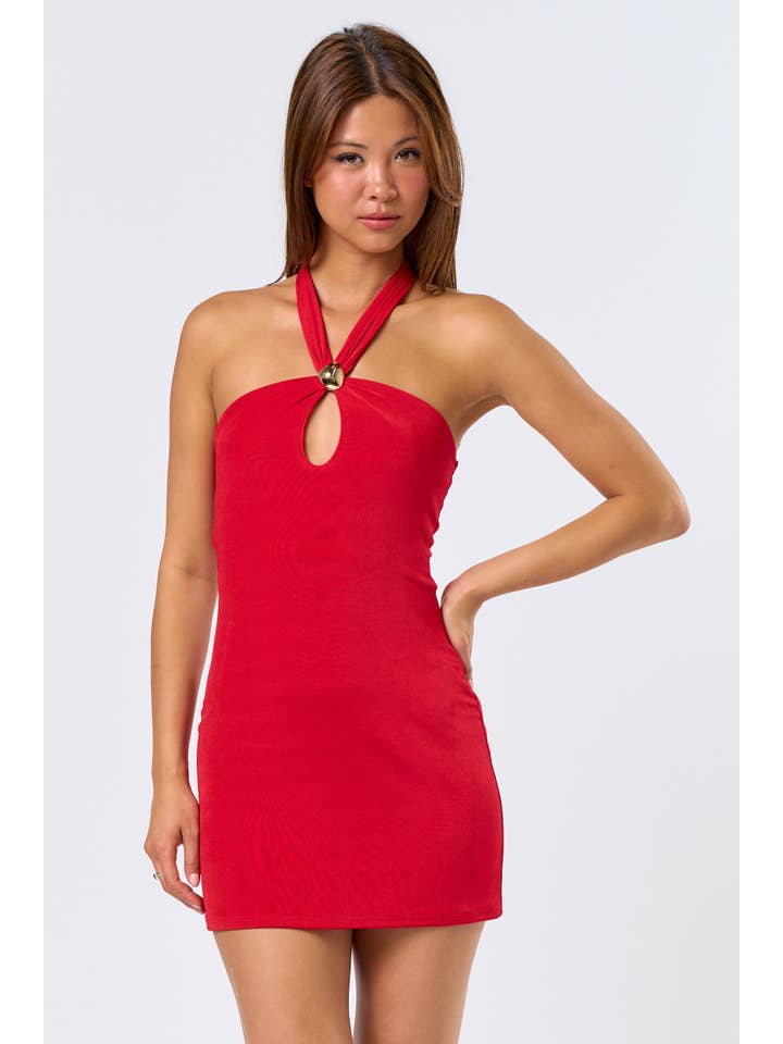 Blue Blush - Wholesale Dress - Women's - BD605 Halter A-Line Mini Dress with Metal Trim Detail