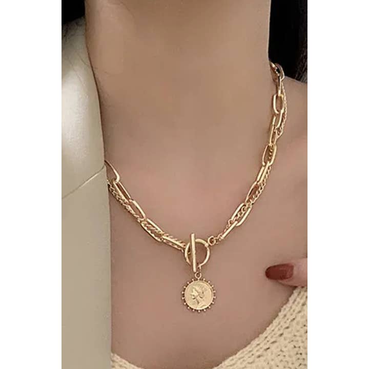 Gold LDC Plated Vintage Carved Coin Pendant Chain Necklace for wholesale on Faire2