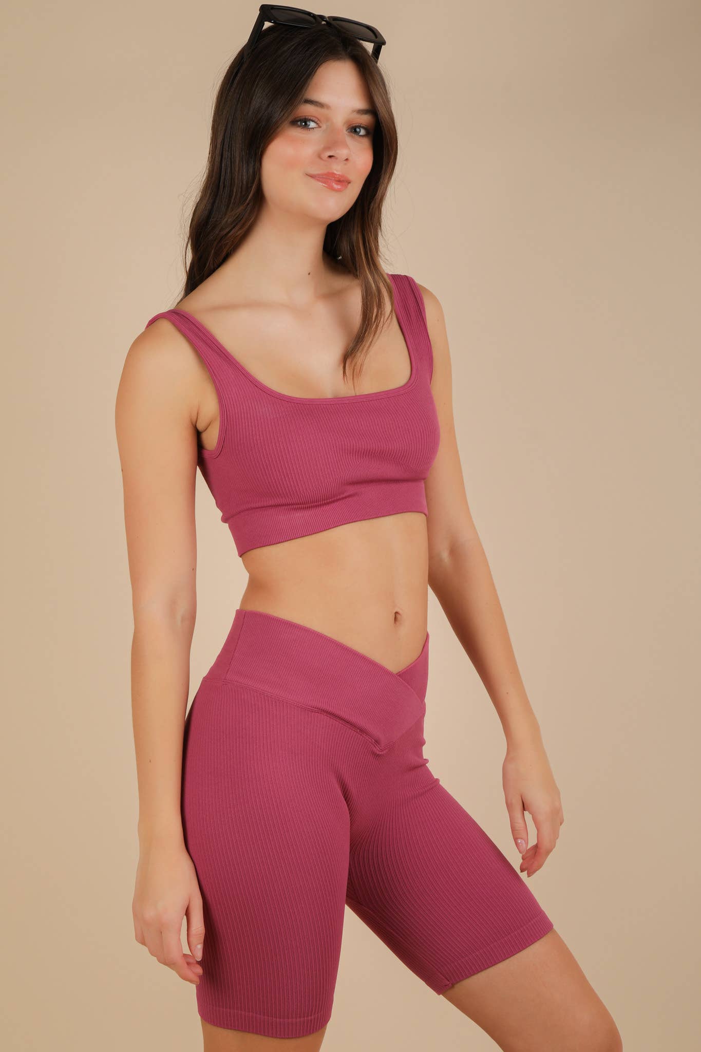 VERY J - Wholesale Activewear Set - Women's - NT12145SET-Ribbed Knit Activewear Top & Shorts Set1